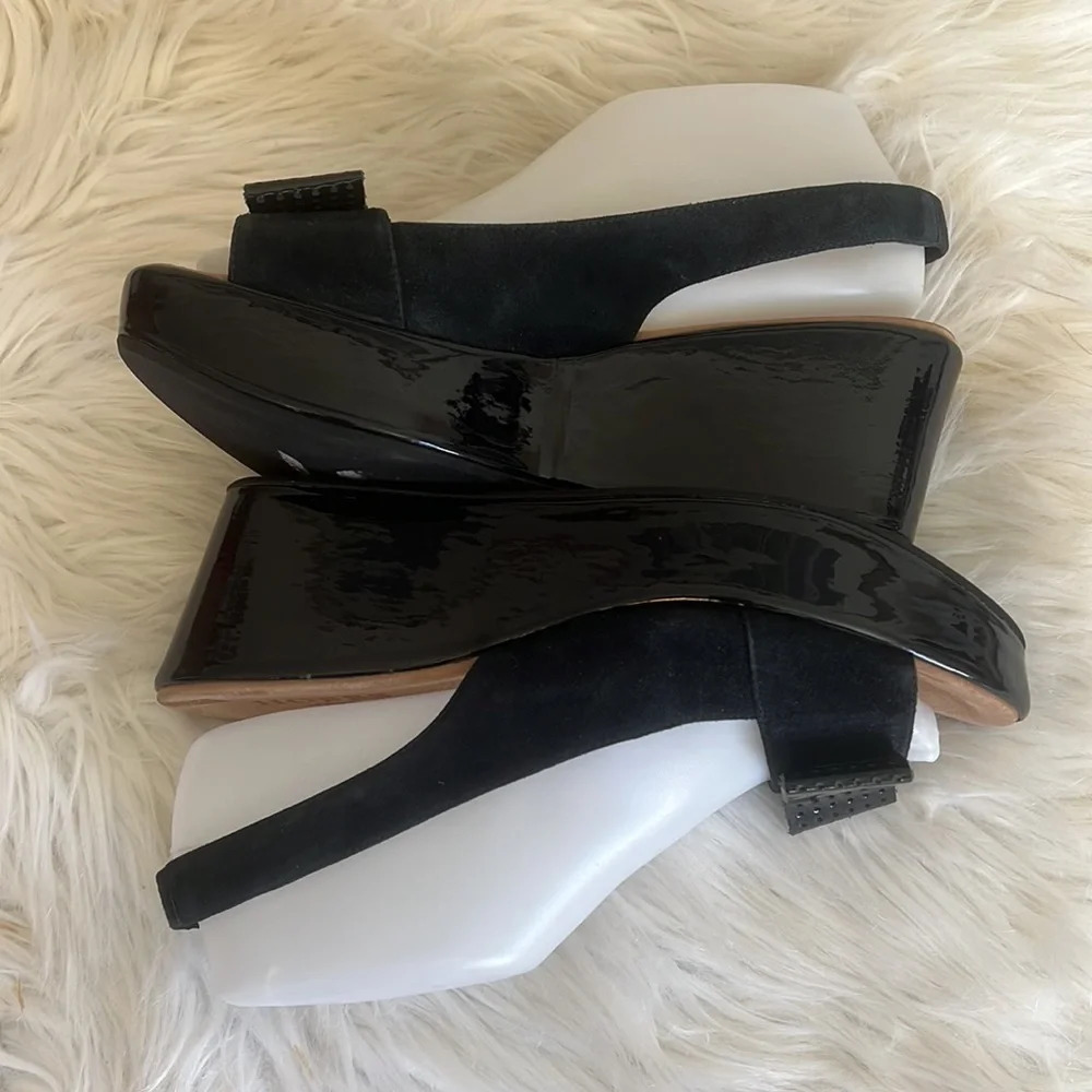 Hobbs London Black Suede And Patent Leather Slingback Wedge Sandals Sz-8/38 - Picture 3 of 9